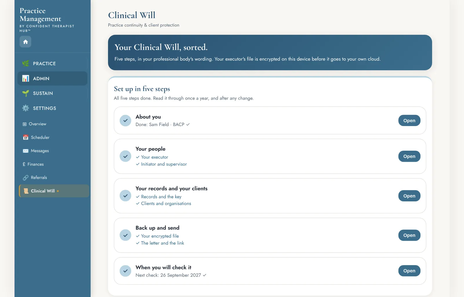 The clinical will in Tend on a computer, with five setup steps all complete.