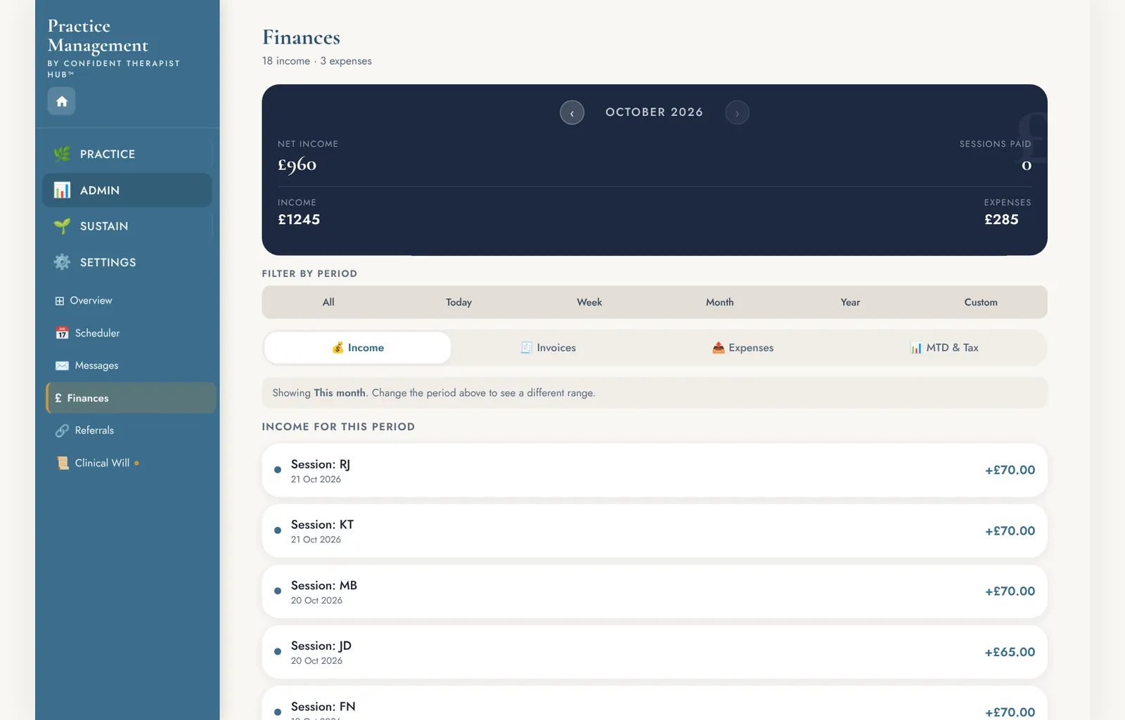 The Tend finances screen on a computer, with the month's income and expenses and a list of payments.