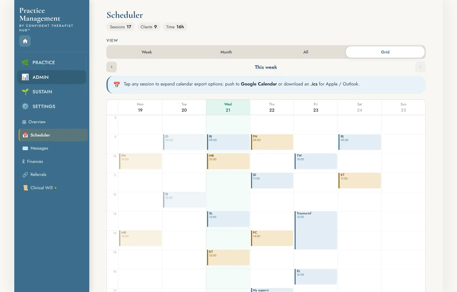 The Tend scheduler on a computer, showing a week as a calendar grid with client sessions, supervision and a CPD webinar.