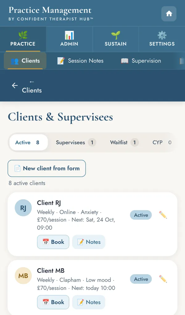 Clients and supervisees list, with frequency, location, fee and next session for each.