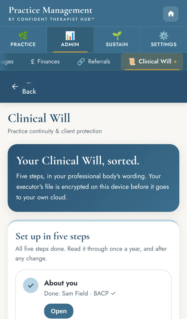 The Tend clinical will screen on a phone, with all five setup steps ticked.