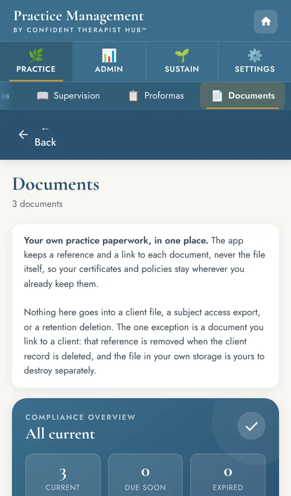 Documents screen with a compliance overview showing three documents current.