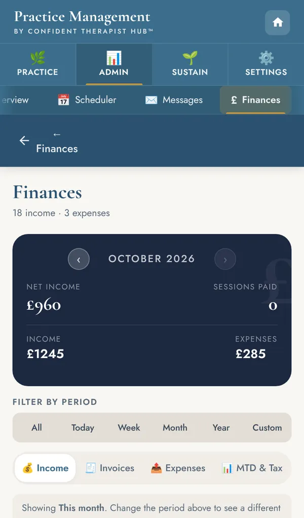 Finances screen with net income, income and expenses for the month, and filters.