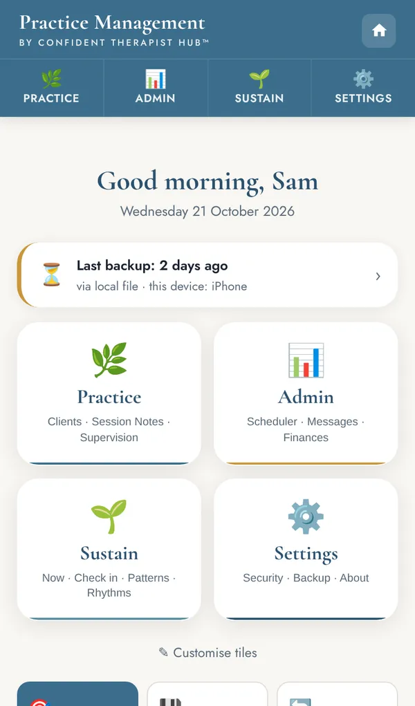 Tend home screen on a phone: a greeting, the last backup time and four tiles.