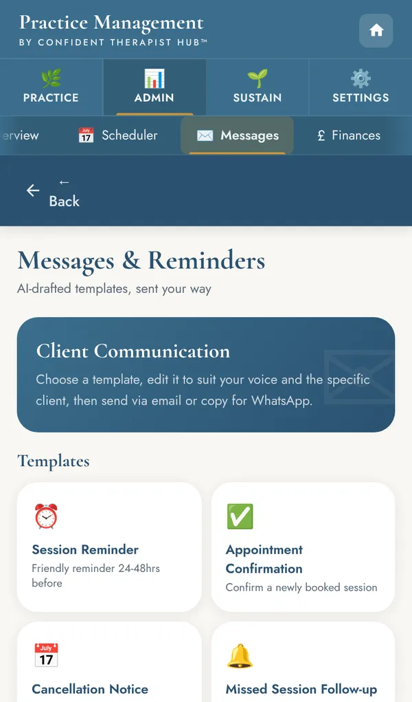 Messages and reminders screen with templates for session reminders, confirmations and cancellations.