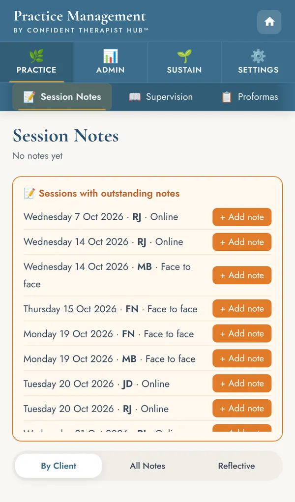 Session notes screen listing sessions that still need a note, each with an Add note button.
