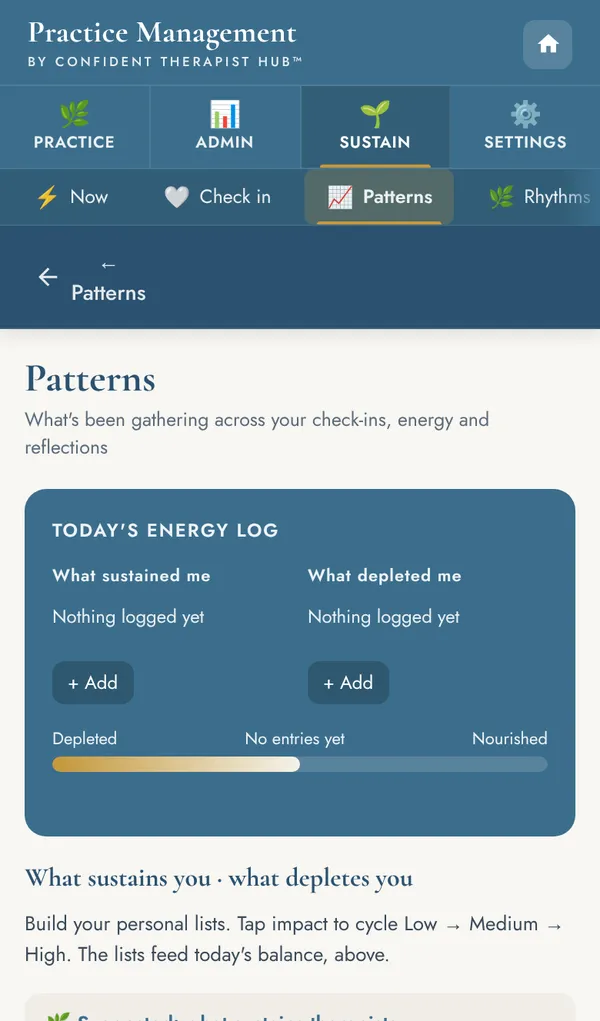 Patterns screen with today's energy log of what sustained and what depleted you.
