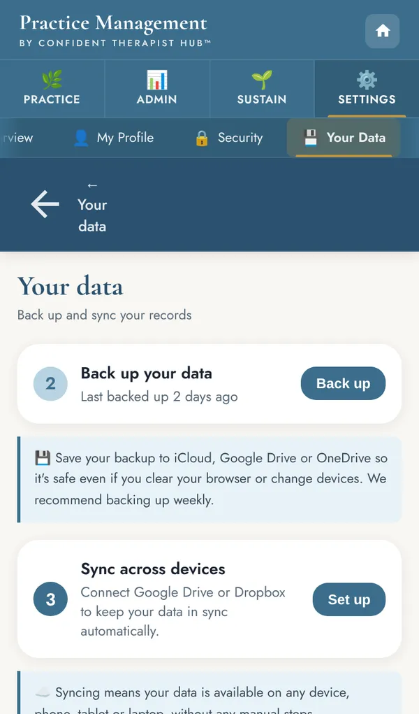 Your data screen with backup and sync steps.
