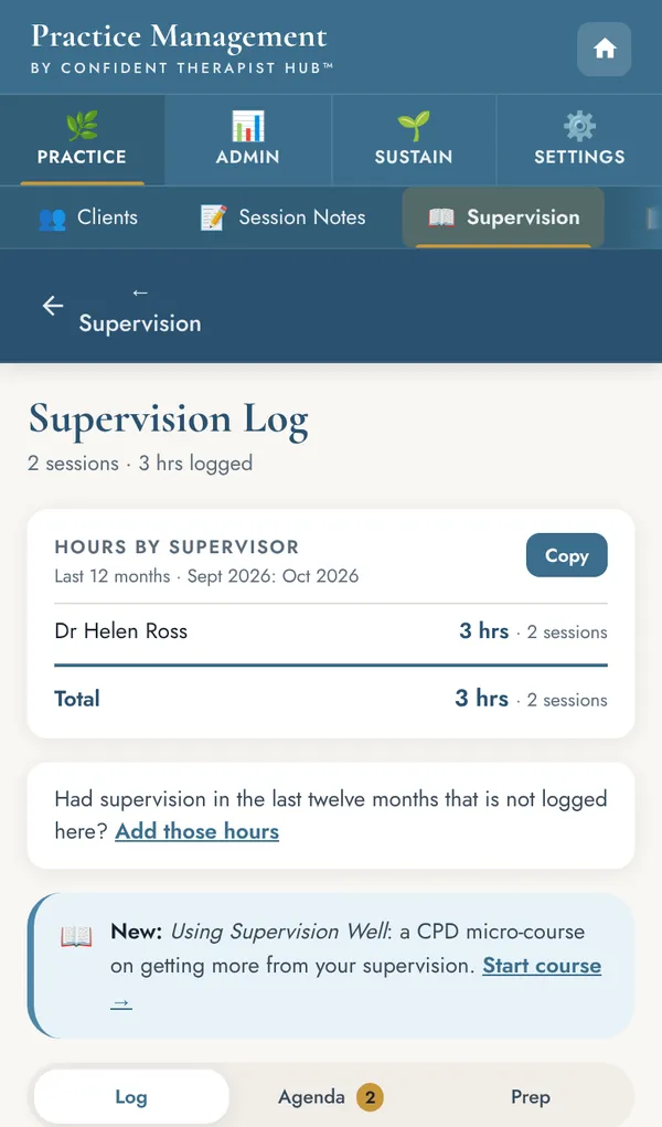 Supervision log with hours by supervisor and tabs for the log, agenda and preparation.